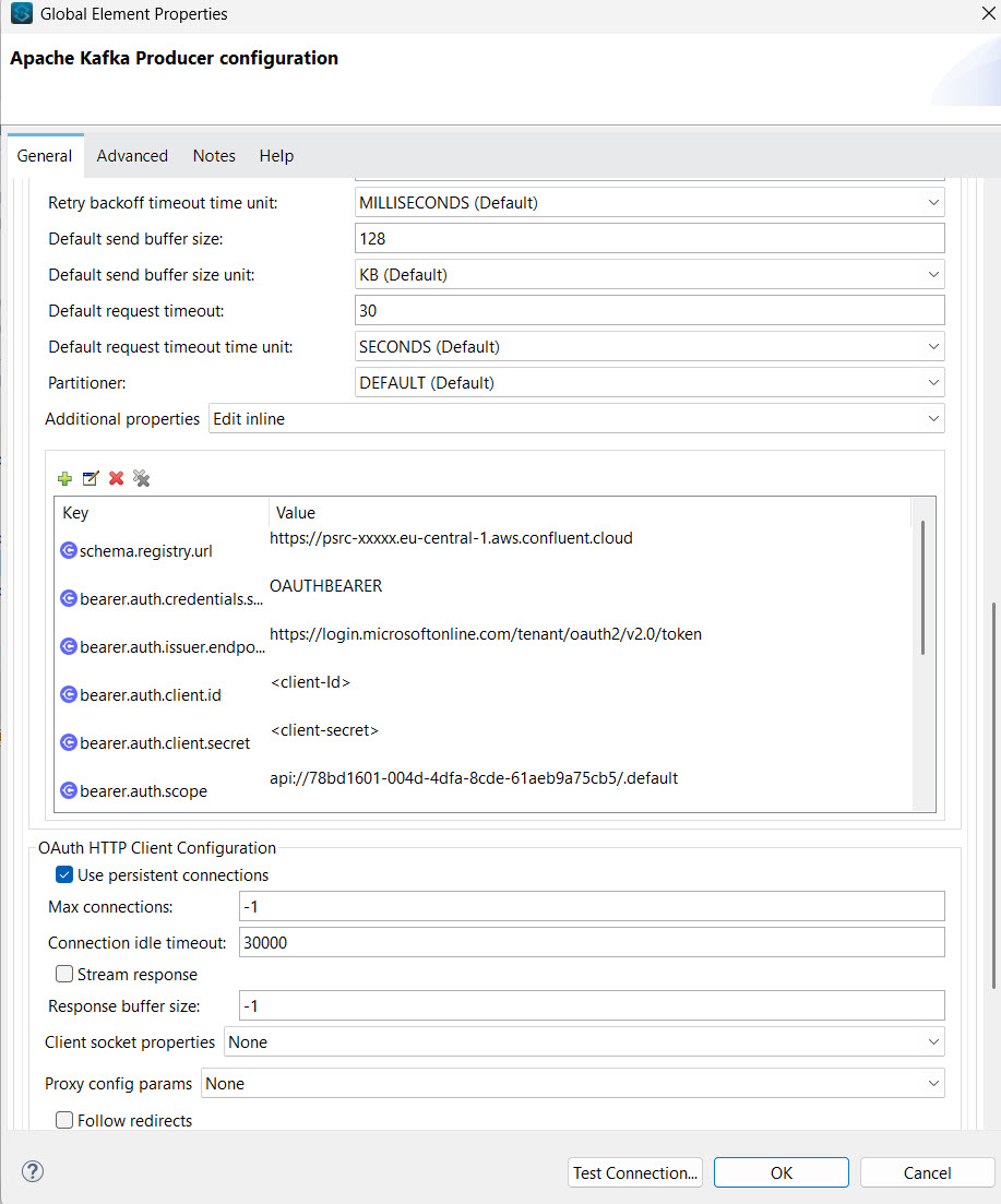 Apache Kafka Producer OAuth Configuration - Advanced Tab with Schema Registry