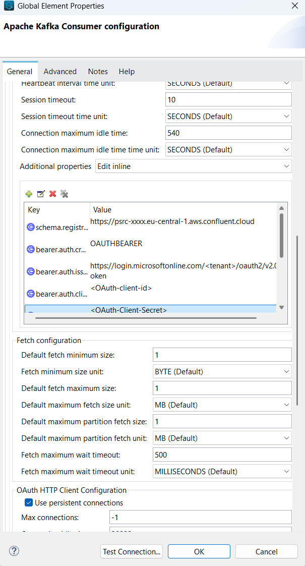 Apache Kafka Consumer OAuth Configuration - Advanced Tab with Schema Registry